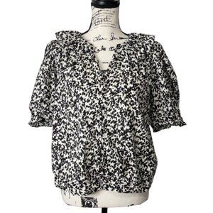 Madewell Womens Ruffled Button-Up Top Black White Floral Puff Sleeve Size L NEW